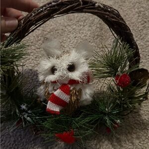 Festive Owl Wreath with Red and White Scarf
